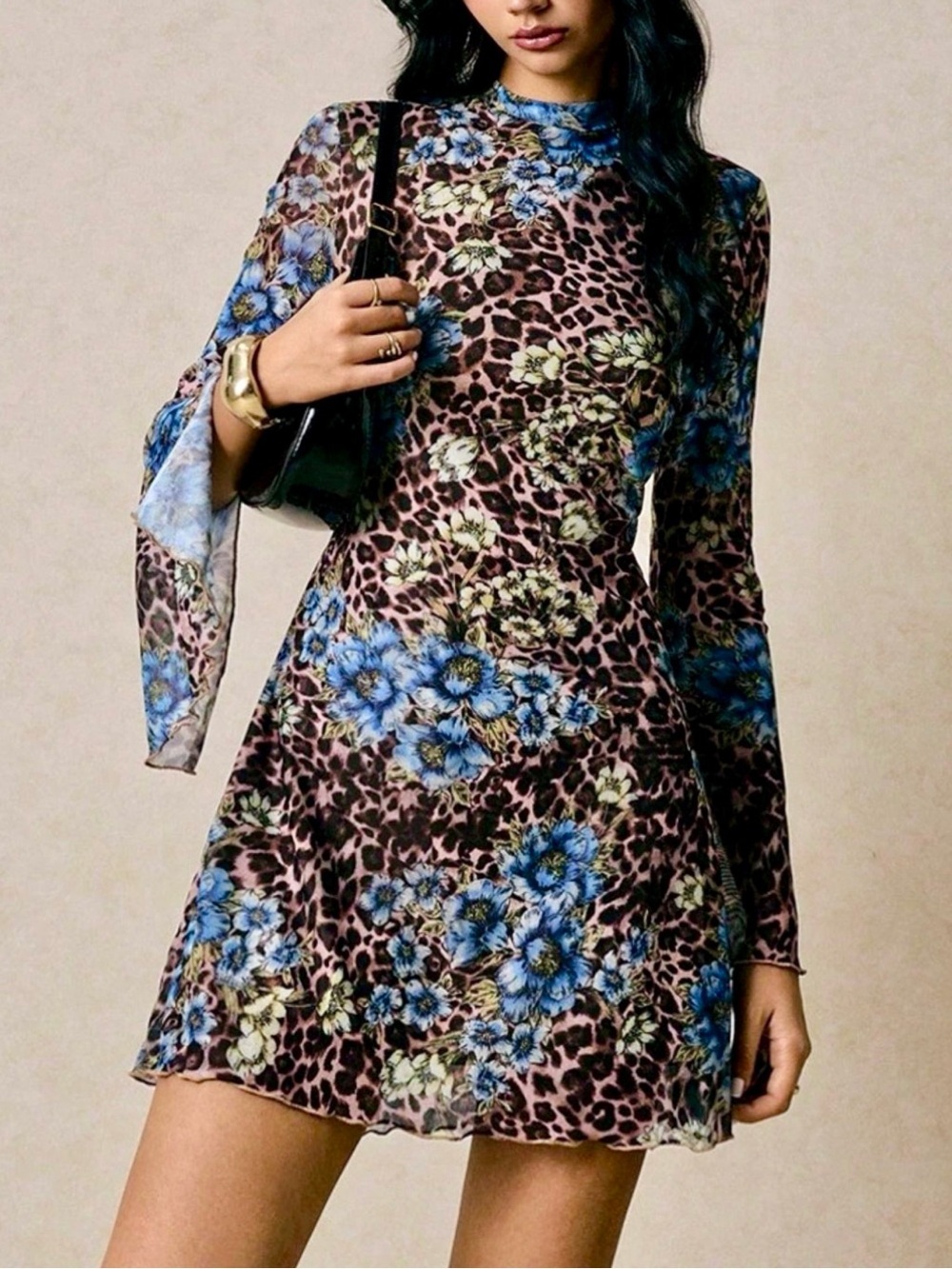 🩵Hello Gorgeous! Floral Blue & Brown Leopard Print Slit Sleeve Mini Dress
